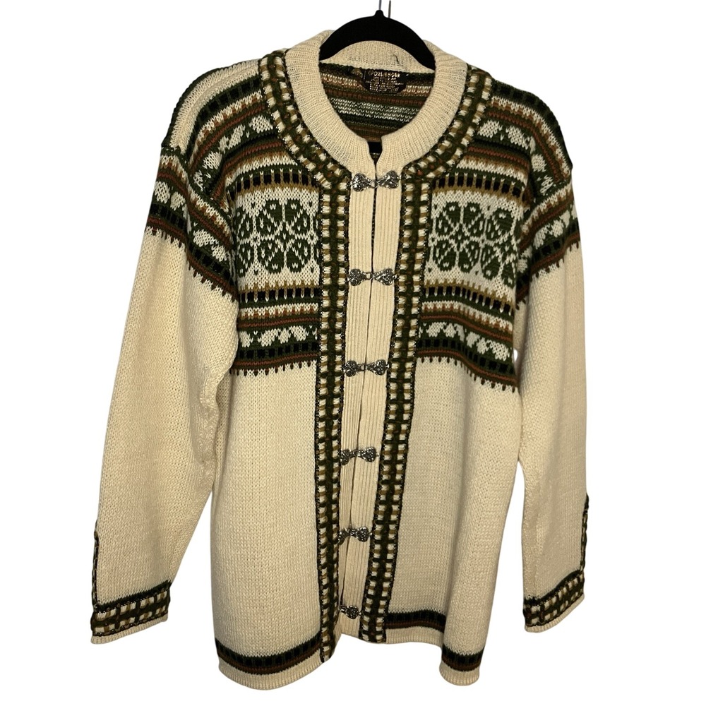 Vintage Norlander Wool Nordic Cardigan Metal Clasp Norway Snowflake Cream Green